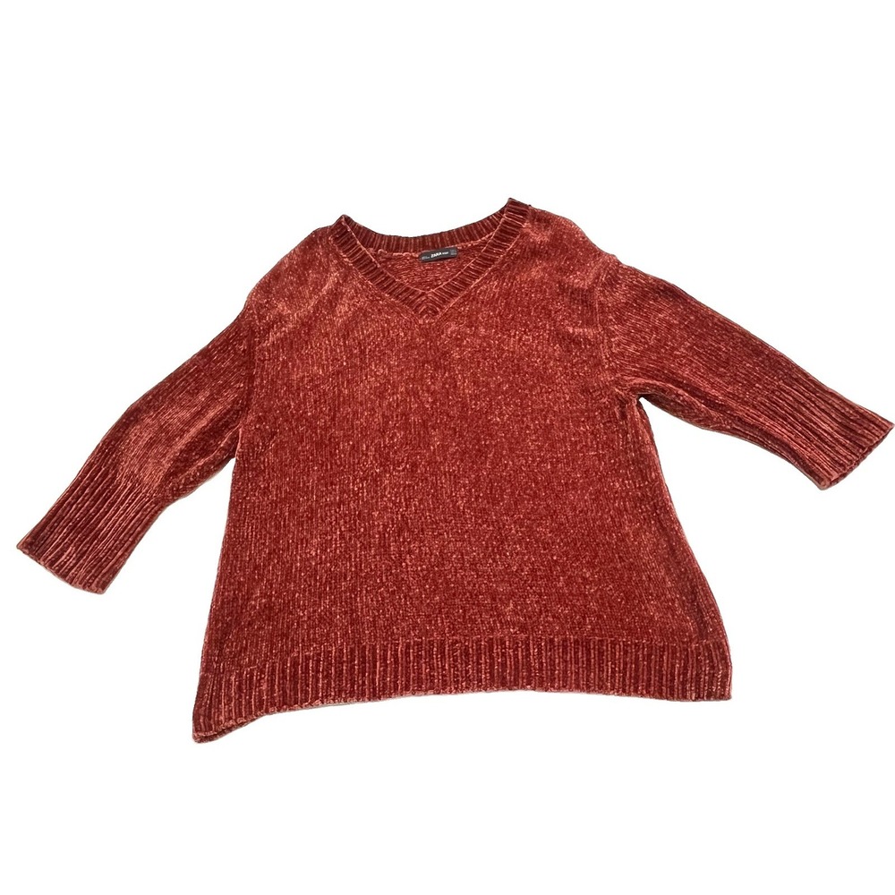 Zara Knit Sweater 3/4 Sleeve V Neck Oversized Boxy Comfy Minimalist Rust Brick S